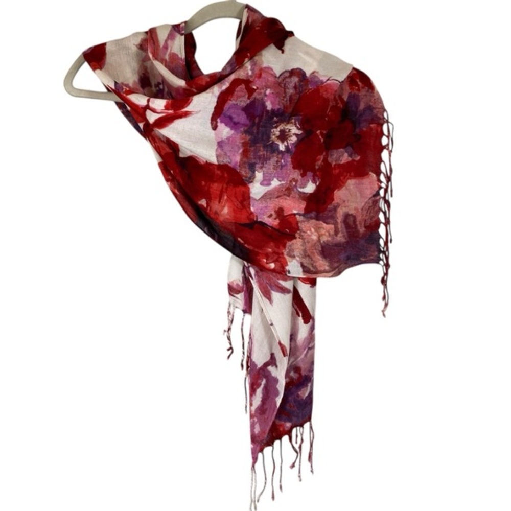 SCARF Red Purple Floral Watercolor Lightweight Woven With Fringe